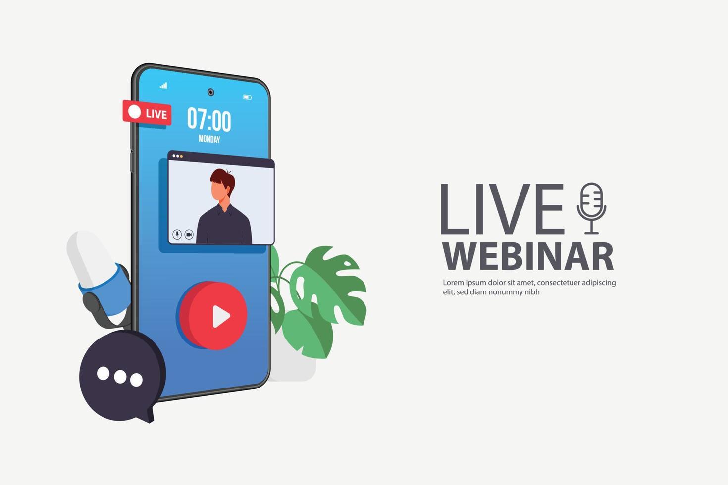 webinar dal vivo per il concept design. banner digitale. concetto virtuale. simbolo del pulsante di riproduzione video rosso. illustrazione di riserva di vettore. vettore