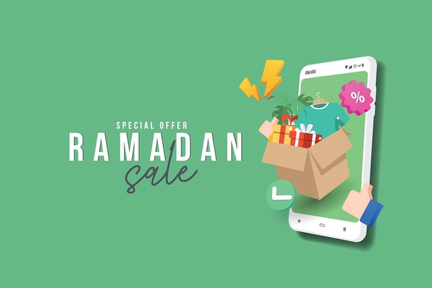 modello di banner di vendita ramadan con scatola di cartone shopping online regalo su applicazioni mobili vettore