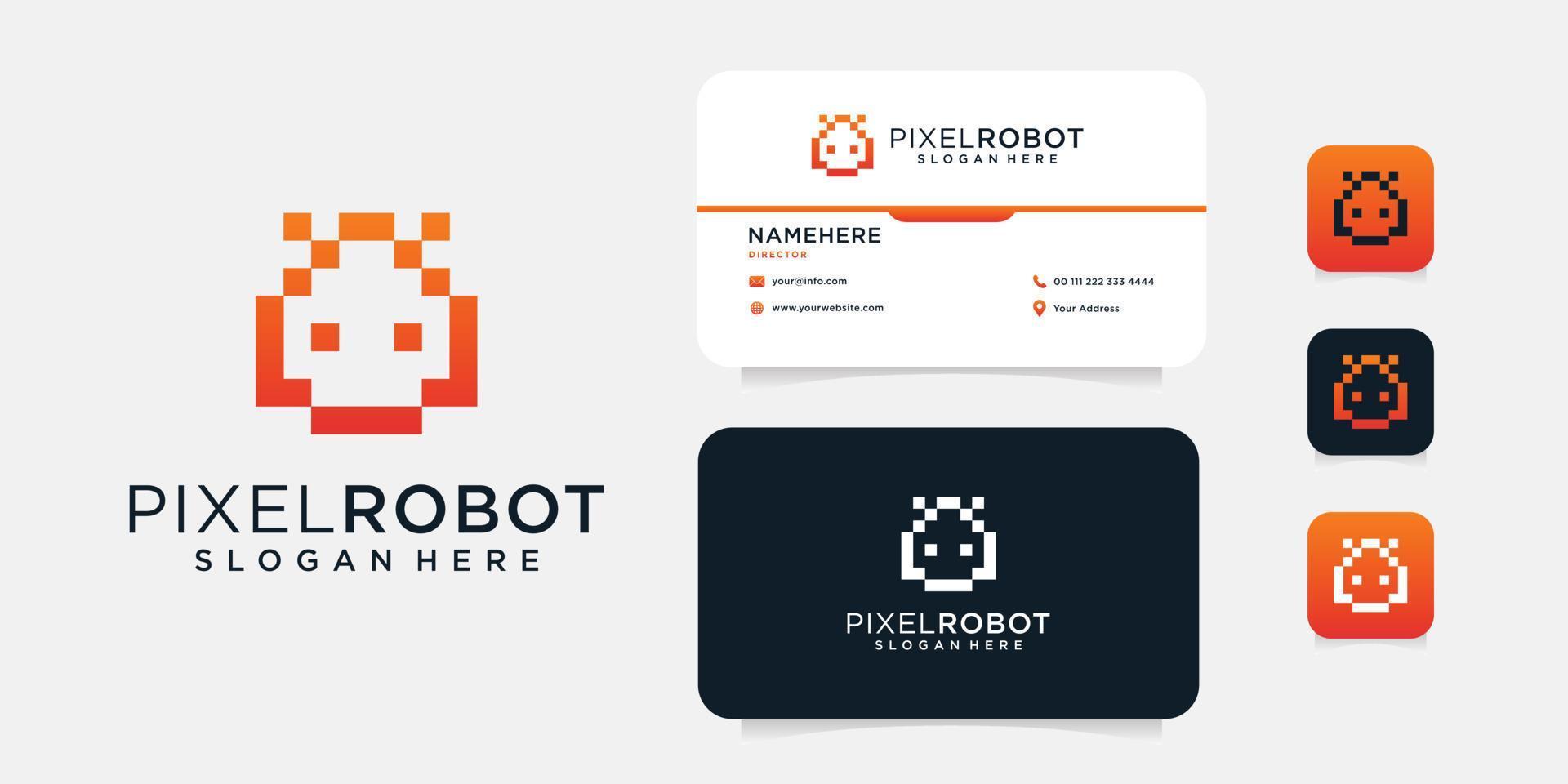 design del logo pixel robot con modello di biglietto da visita. il logo può essere utilizzato per l'icona, il marchio, l'ispirazione e l'azienda tecnologica vettore