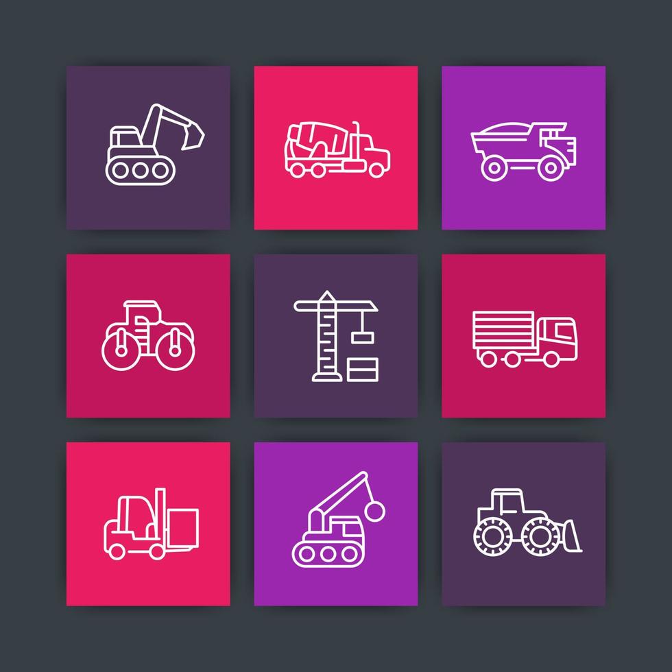 set di icone della linea di veicoli da costruzione, macchine pesanti, escavatore, gru, camion, escavatore, caricatore, illustrazione vettoriale