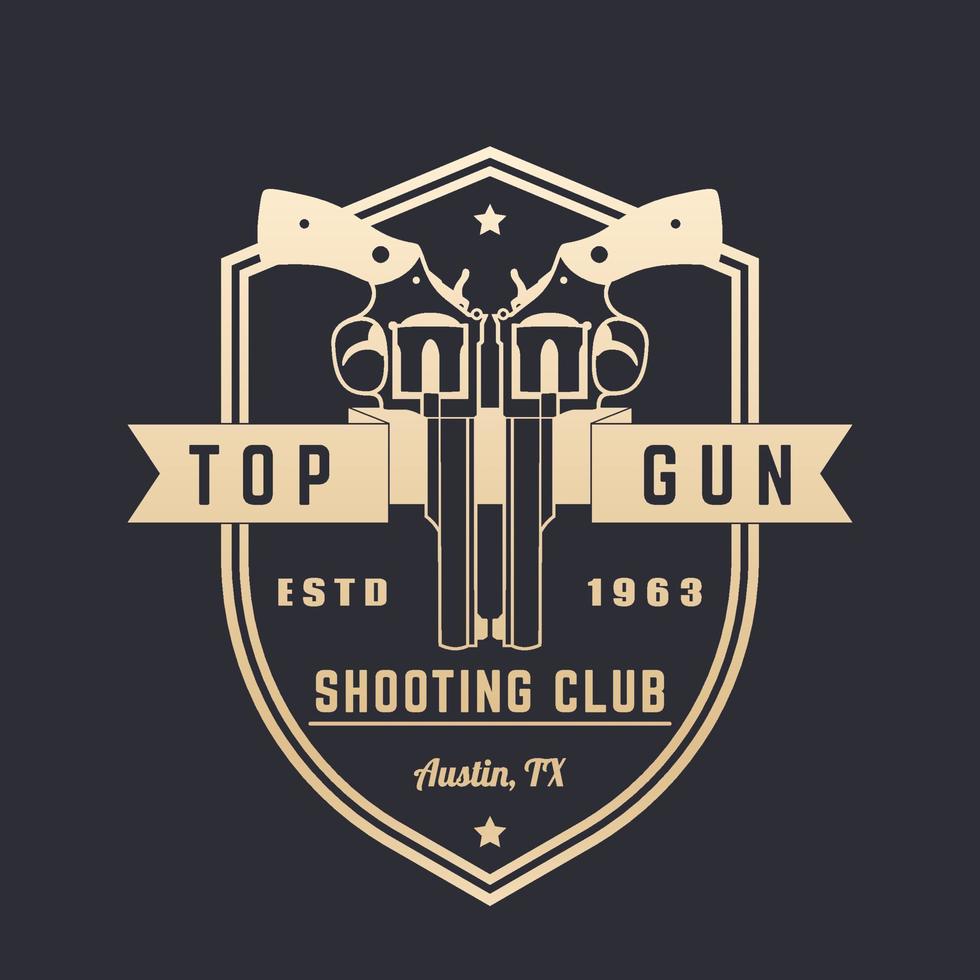 logo vintage gun club, emblema vettoriale con revolver sopra lo scudo