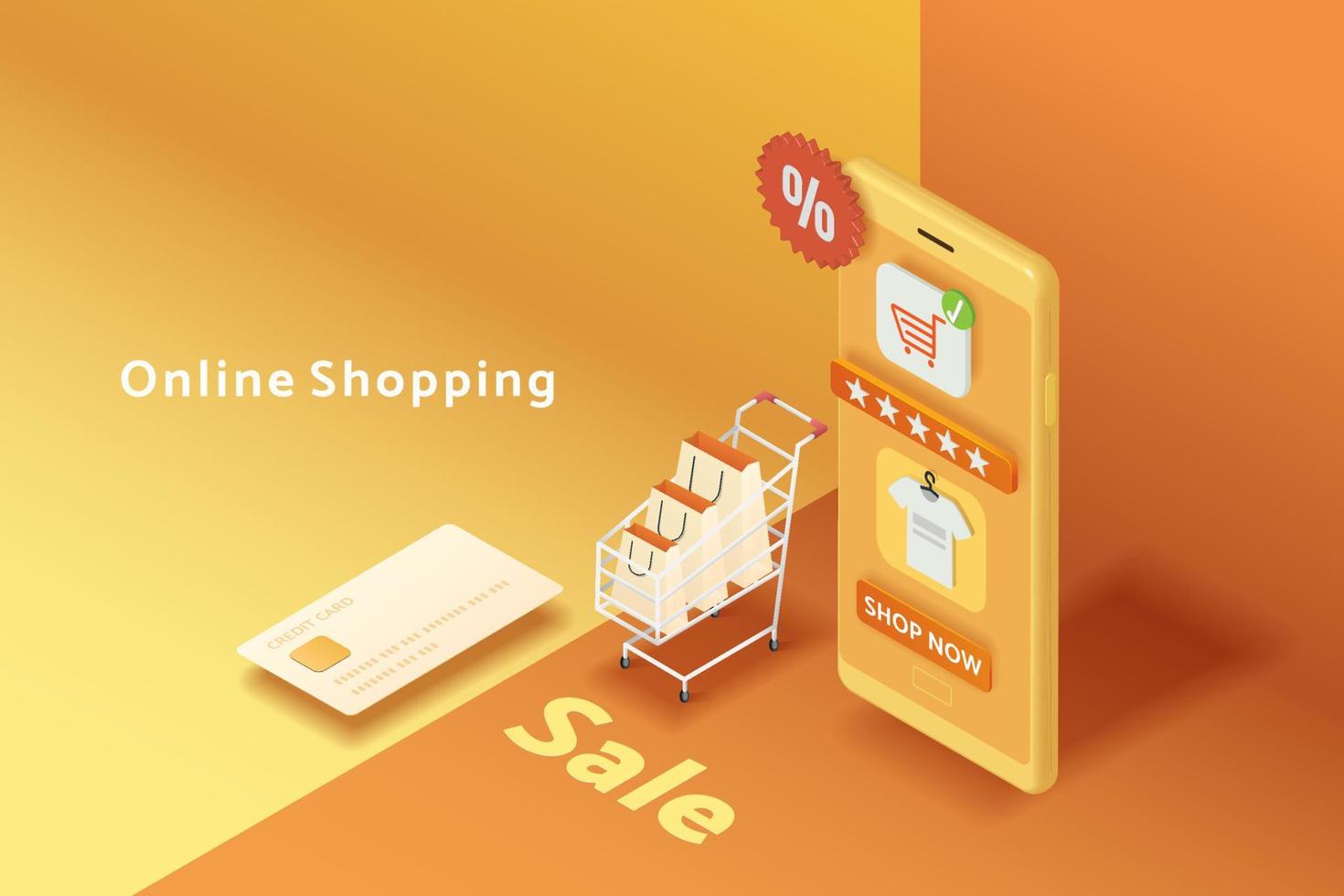 shopping online tramite smartphone su sfondo giallo e arancione. vettore