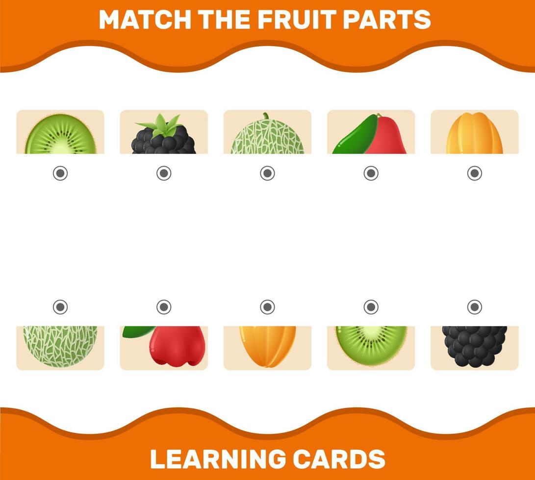 abbinare le parti di frutta dei cartoni animati. gioco di abbinamento. gioco educativo per bambini e bambini in età prescolare vettore