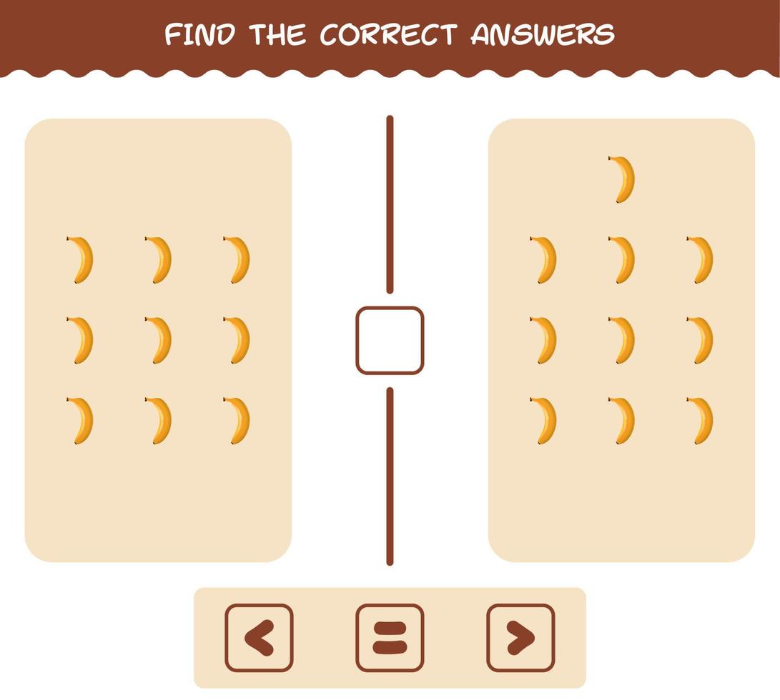 trova le risposte corrette della banana dei cartoni animati. gioco di ricerca e conteggio. gioco educativo per bambini e bambini in età prescolare vettore