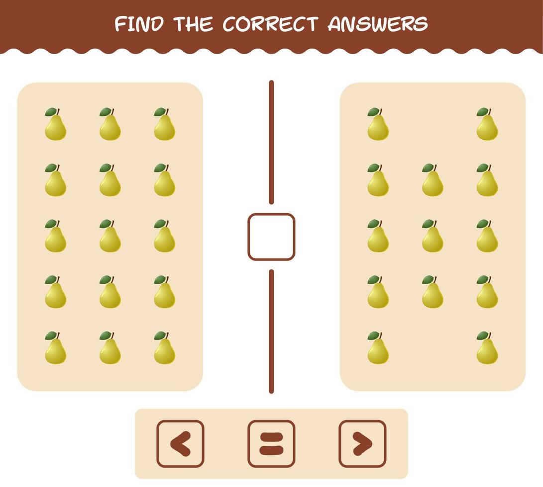 trova le risposte corrette di cartone animato pera. gioco di ricerca e conteggio. gioco educativo per bambini e bambini in età prescolare vettore