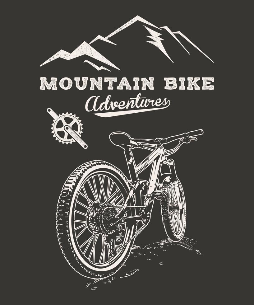 illustrazione di arte di linea di vettore di avventura in mountain bike su sfondo nero
