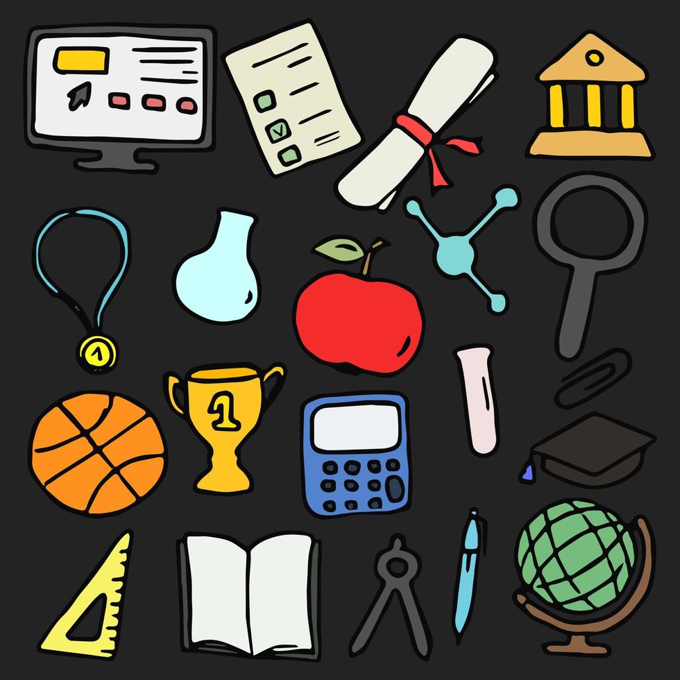 icone di istruzione colorate. vettore di doodle con icone di istruzione e scuola su sfondo nero. illustrazione di educazione vintage