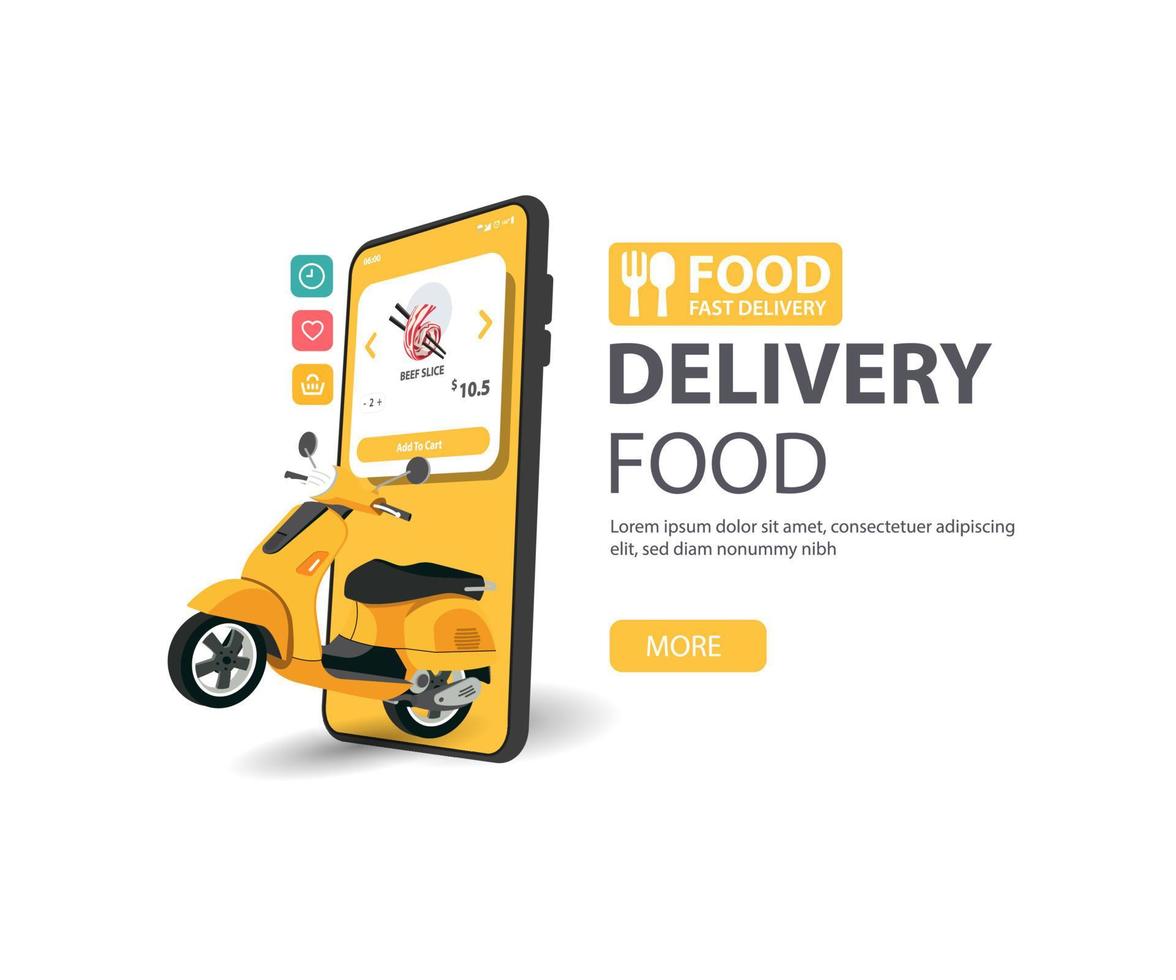 consegna online di cibo dal sito Web di scooter su un banner web di concetto di ordine alimentare mobile vettore