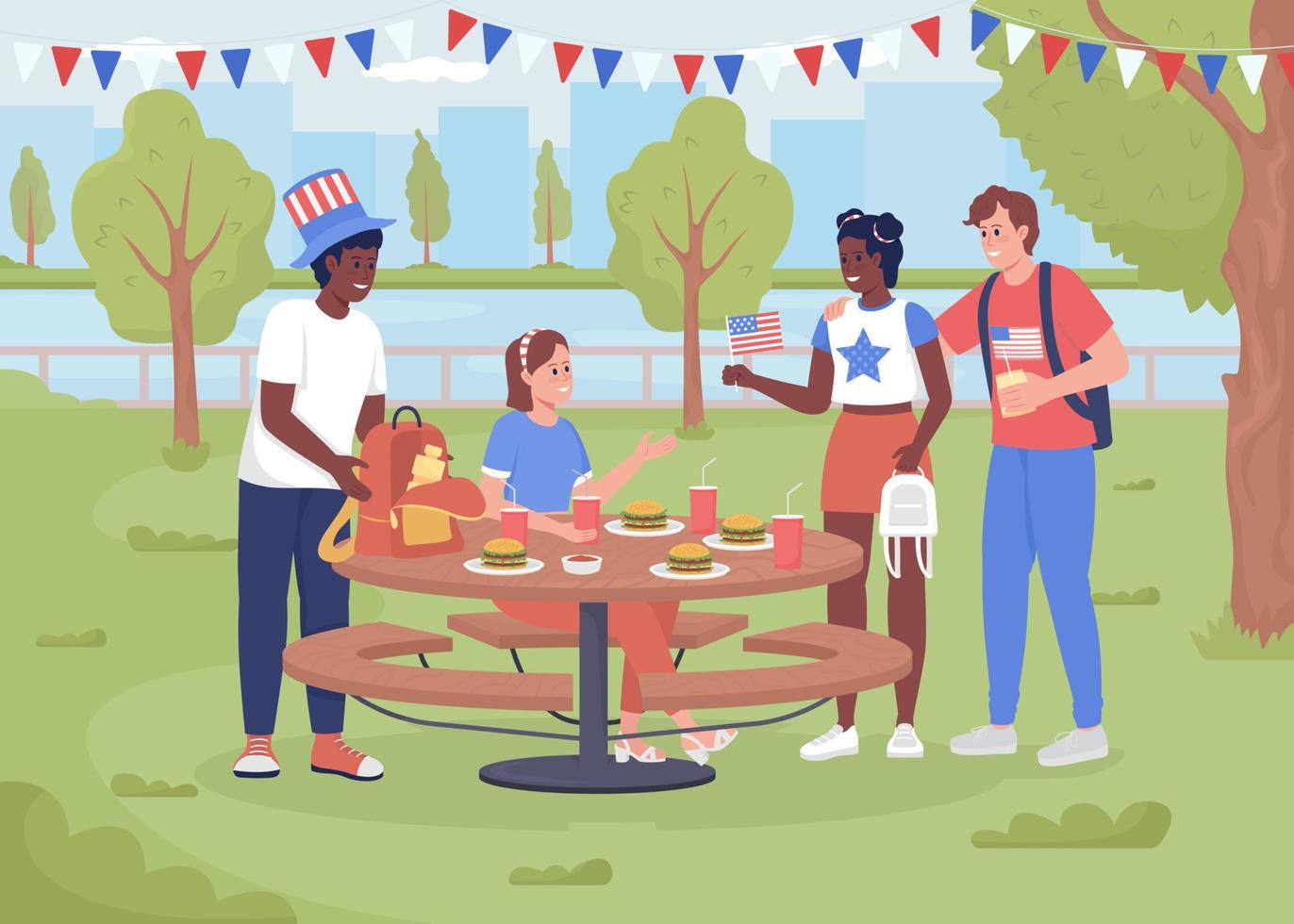 picnic per celebrare il giorno dell'indipendenza nell'illustrazione vettoriale a colori piatti del parco