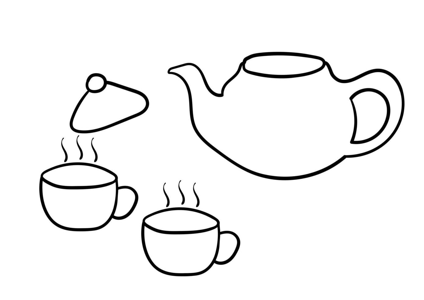 teiera disegnata a mano e una tazza sul tema del bere il tè vettore