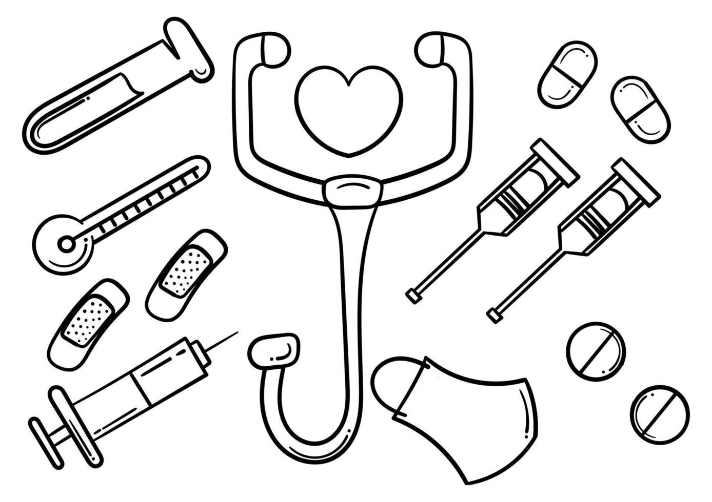 una collezione di attrezzature mediche disegnate a mano vettore