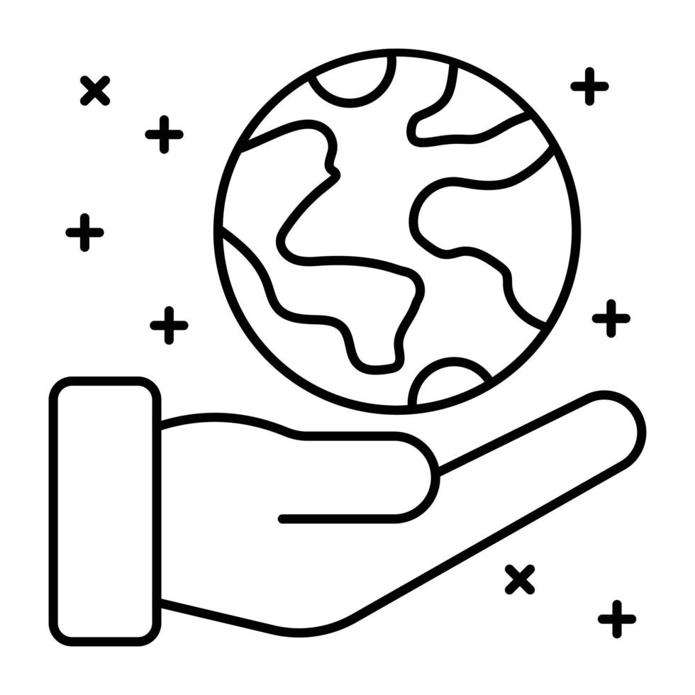 globo della holding della mano, che mostra il concetto di icona lineare di salvataggio della terra vettore