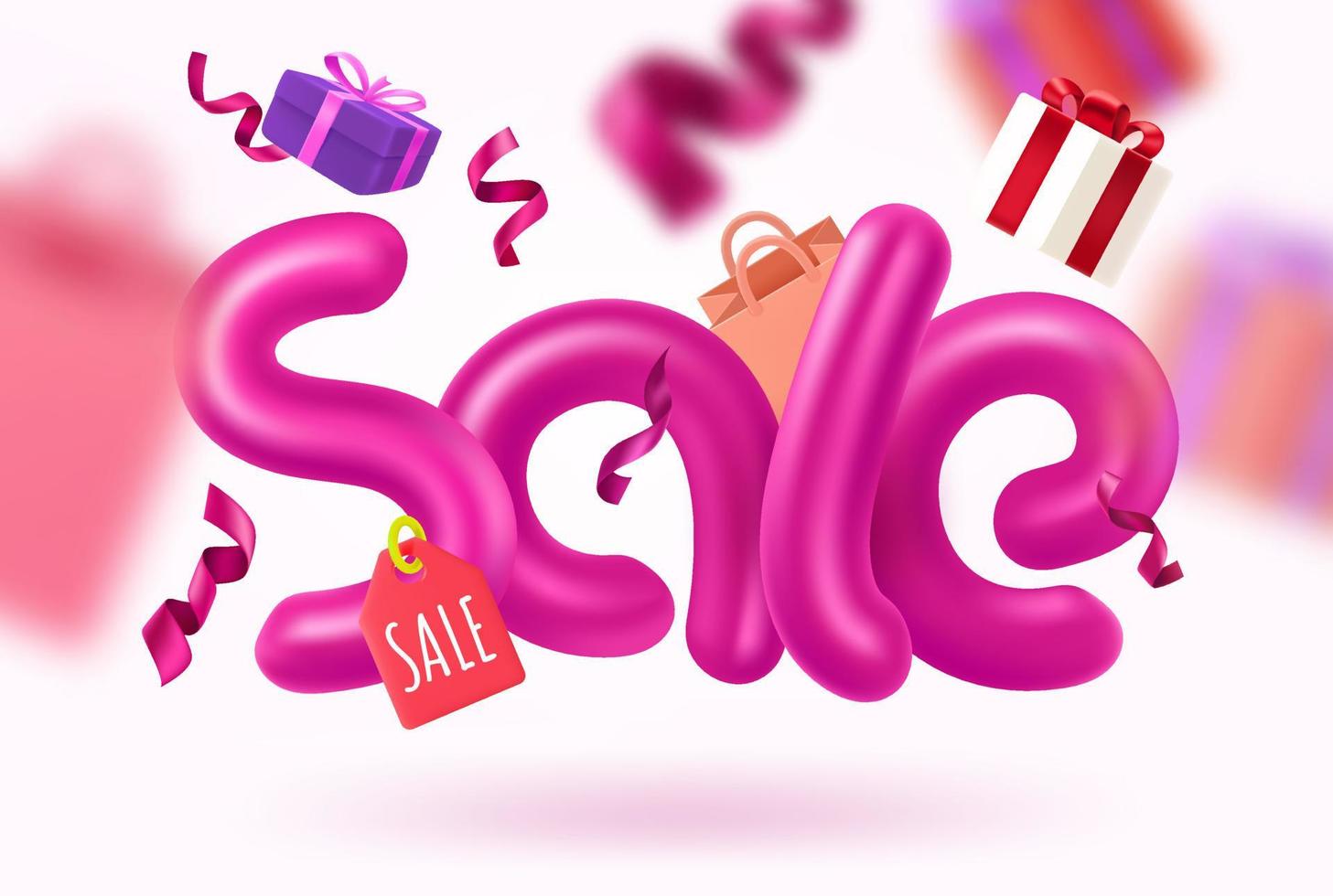 banner di vendita stagionale con iscrizione a palloncino e accessori. illustrazione vettoriale 3d