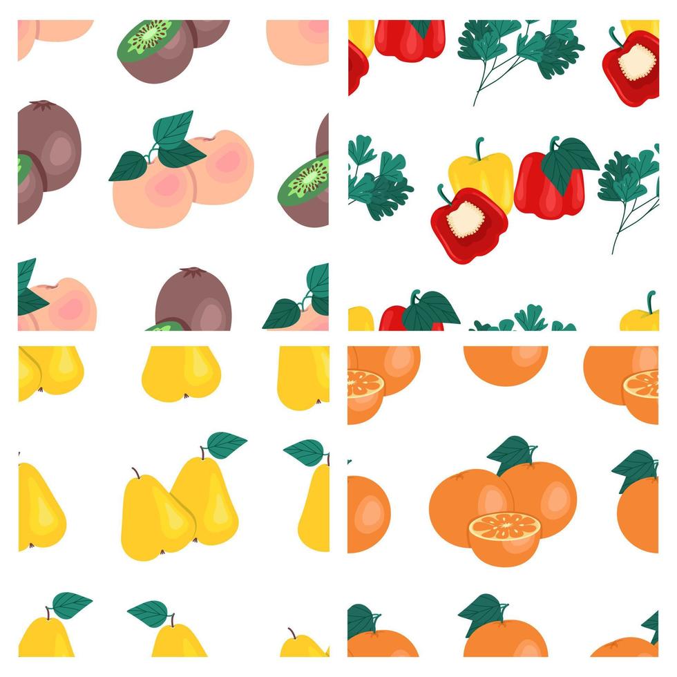 set di modelli senza cuciture di frutta e verdura. kiwi, pesche, pere, arance, peperoni, prezzemolo, stampe di frutta. illustrazione vettoriale. vettore