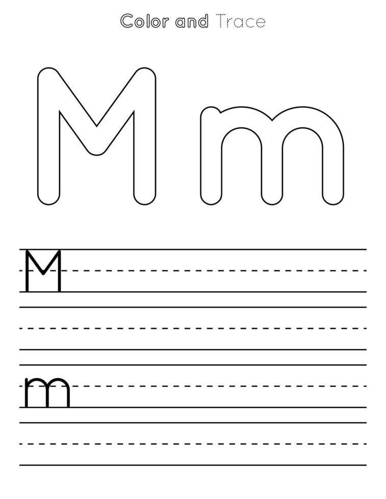 foglio di lavoro di tracciamento delle lettere m. foglio di lavoro per bambini traccia lettere maiuscole e minuscole o alfabeto vettore