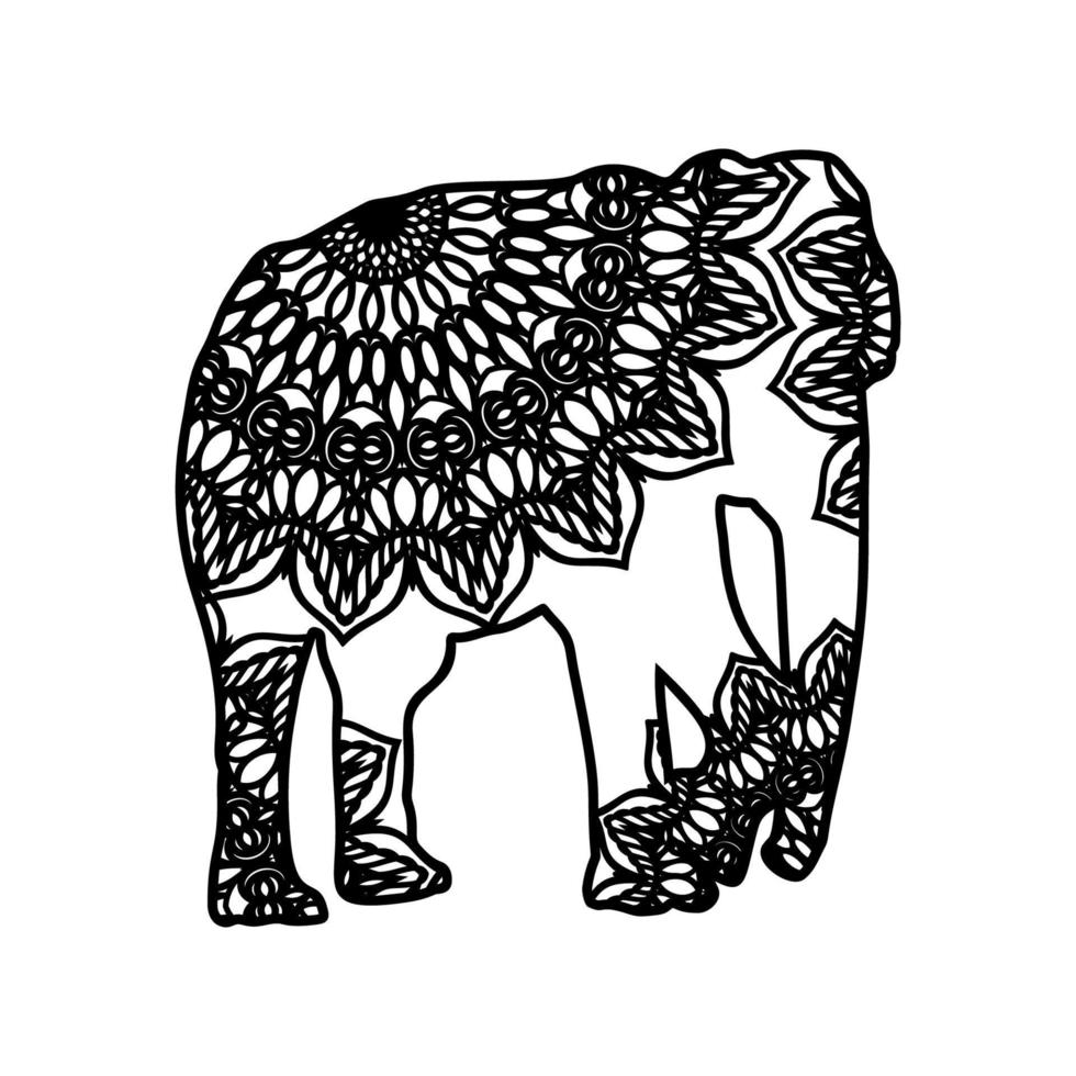 colore nero monocromatico mandala elefante. illustrazione vettoriale. stile indiano. come modello di tatuaggio, stampa t-shirt, elemento grafico. animali zentangle vettore