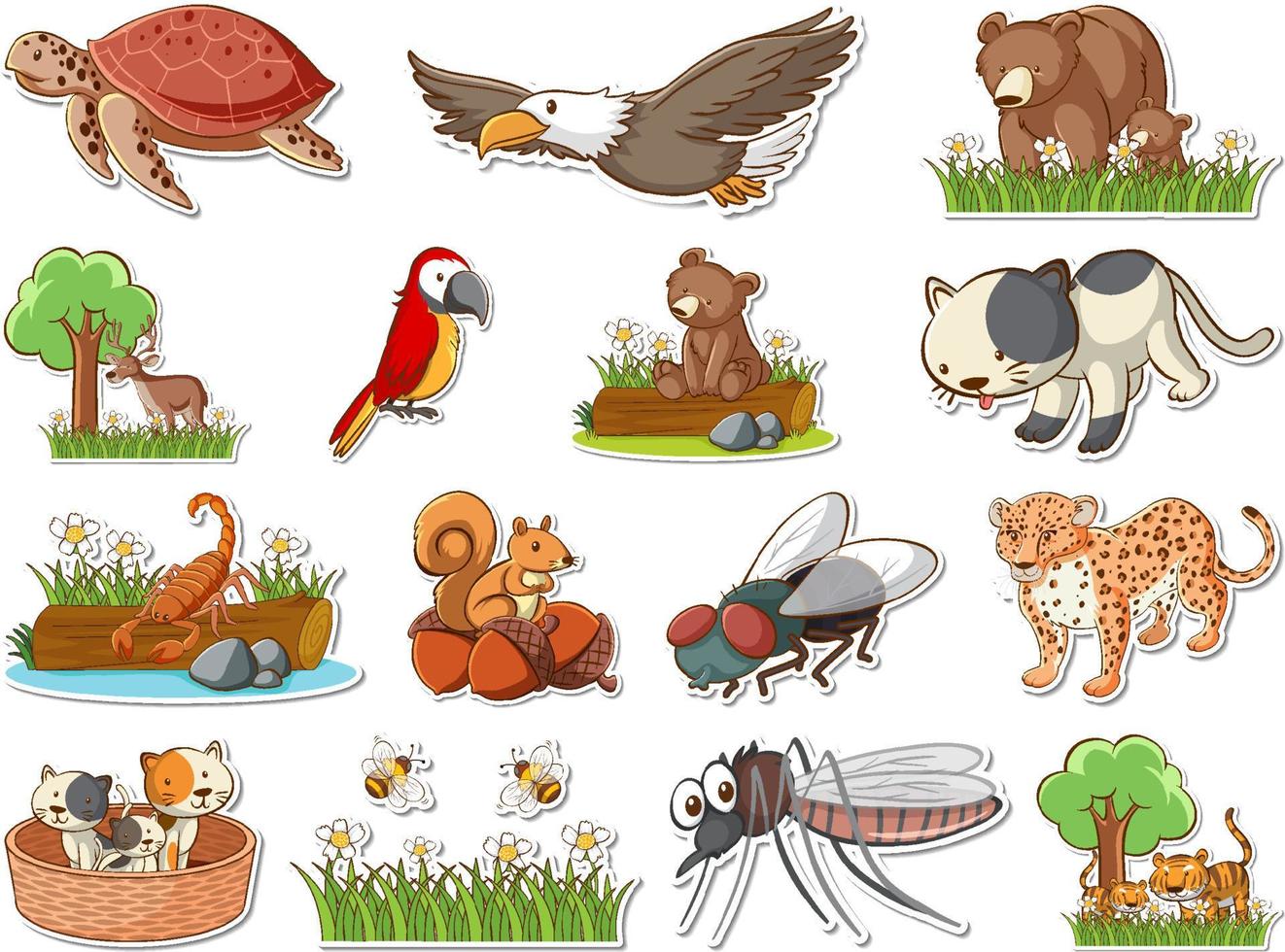 set di adesivi di animali selvatici dei cartoni animati vettore