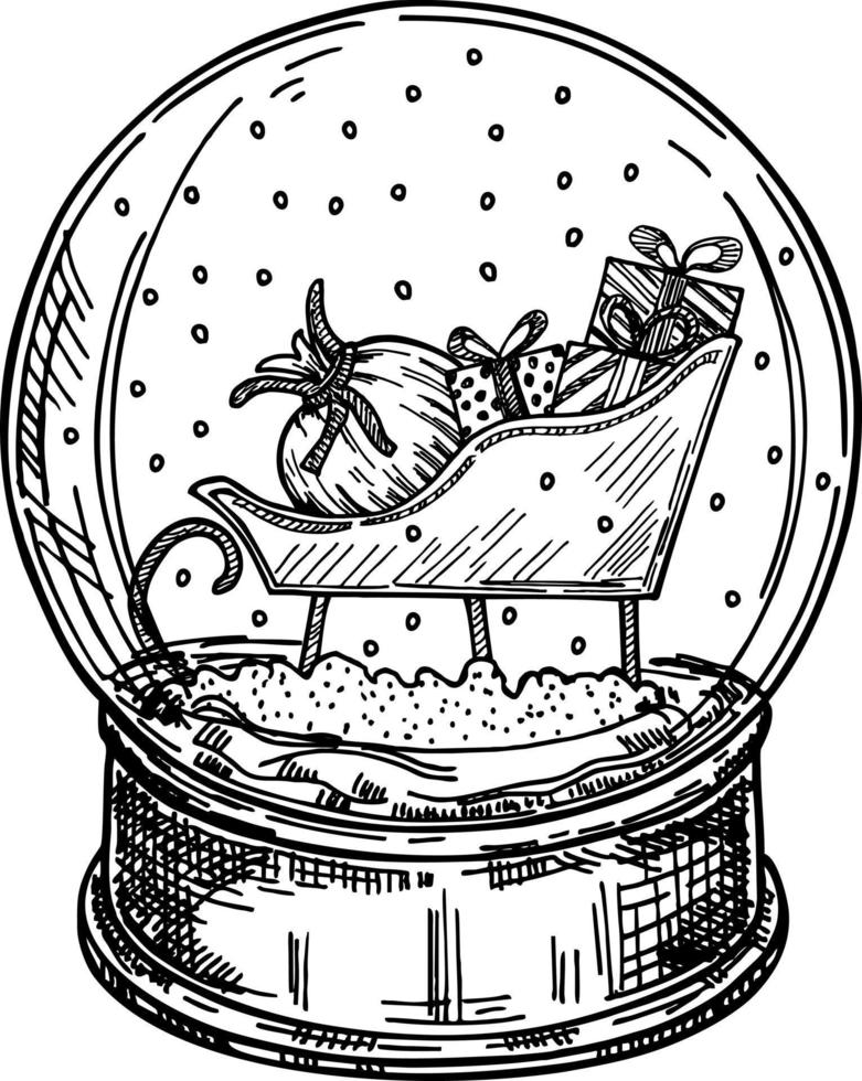 sfera di cristallo, palla di neve con la slitta di babbo natale, abete rosso all'interno, neve che cade, decorazione natalizia, illustrazione vettoriale di schizzo