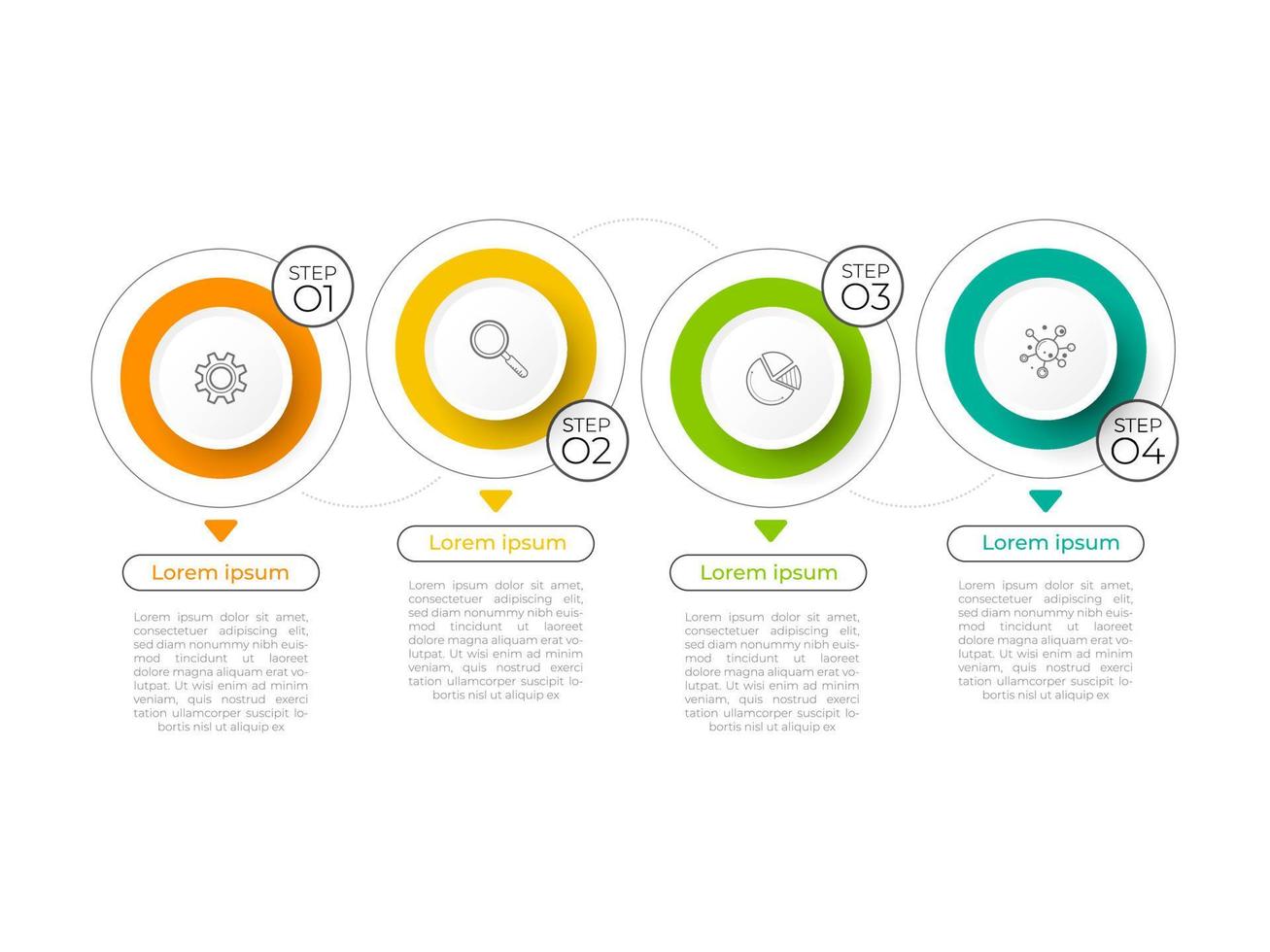 Il vettore e le icone di progettazione di infografica a passo minimo possono essere utilizzati per il layout del flusso di lavoro, il diagramma, la relazione annuale. modello di progettazione della sequenza temporale di infografica vettoriale con 4 opzioni, parti, passaggi o processi.