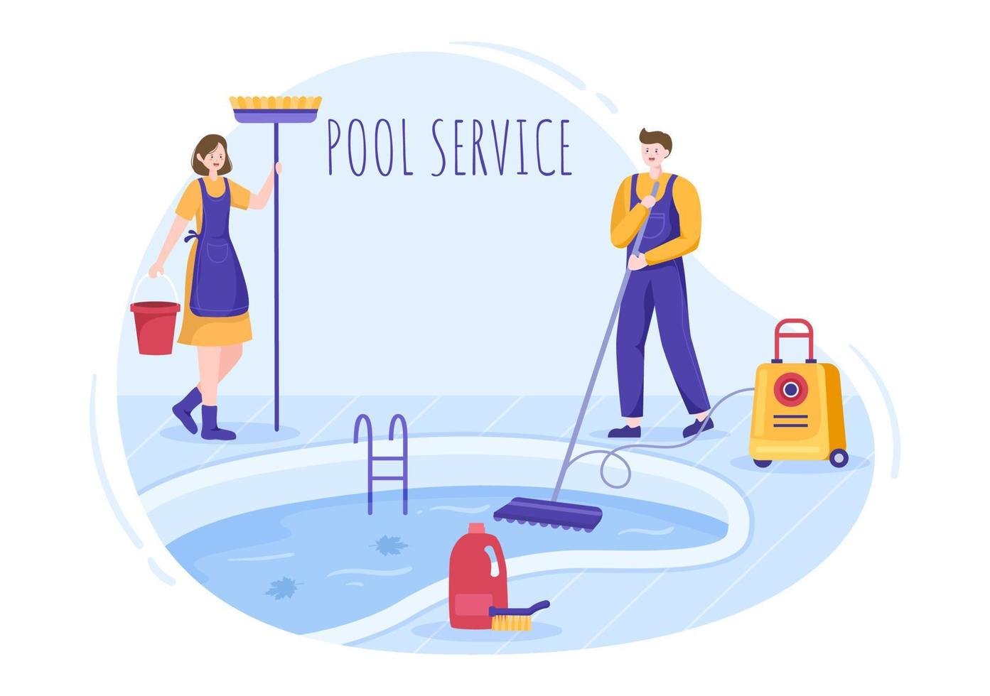 addetto al servizio di piscina con scopa, aspirapolvere o rete per la manutenzione e la pulizia dello sporco nell'illustrazione piana del fumetto vettore