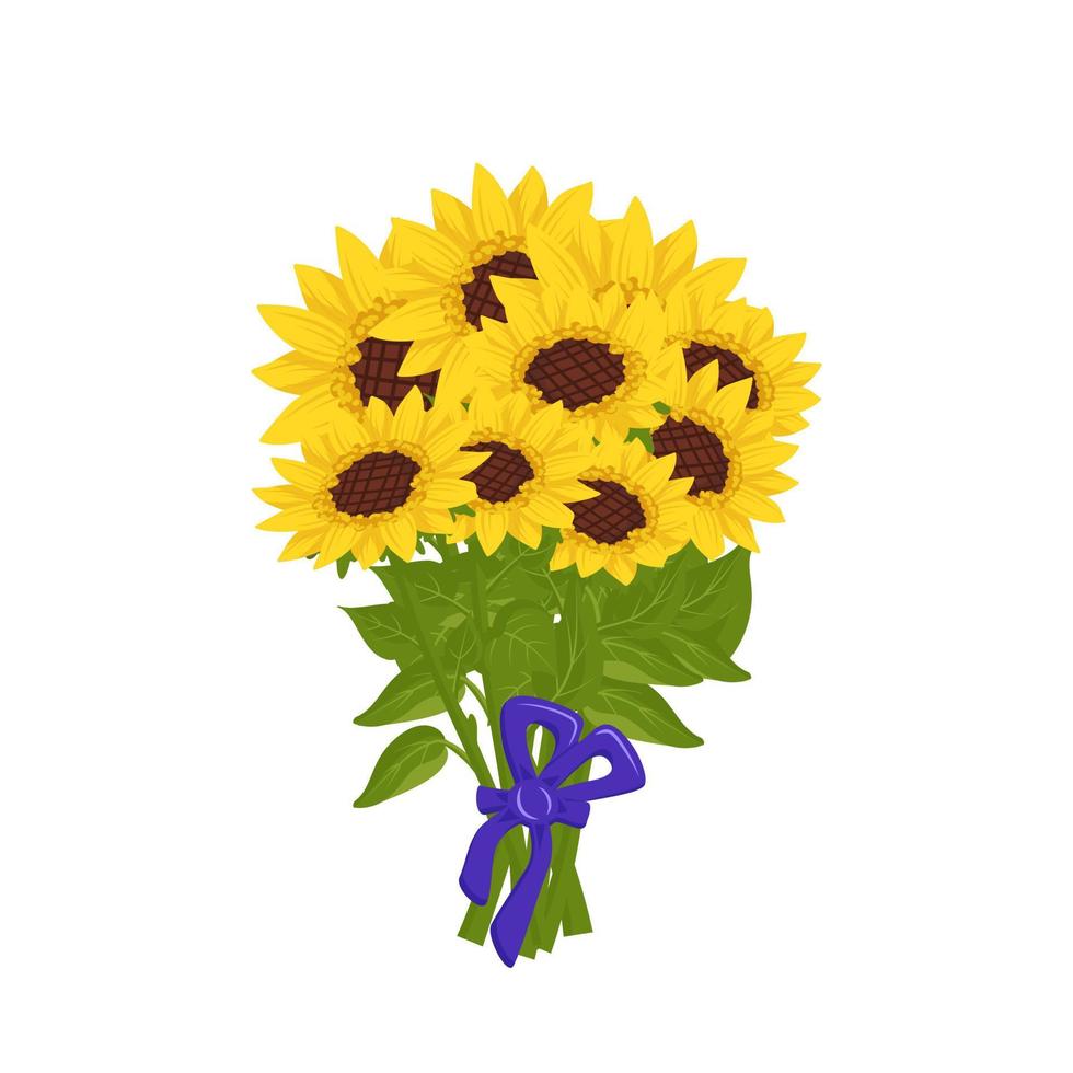 bouquet luminoso di fiori di girasole con petali gialli, foglie e fiocco. elemento della natura, pianta per la decorazione e il design, regalo per le vacanze. illustrazione piatta vettoriale