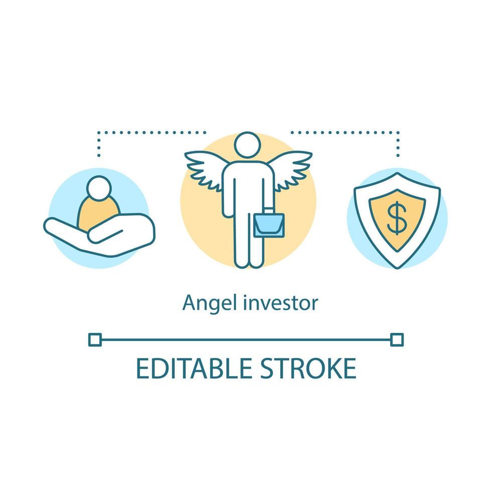 icona del concetto di angelo investitore. supporto finanziario. mentore aziendale, assistente. investitore informale. illustrazione della linea sottile dell'idea dell'agente di assicurazione. disegno di contorno isolato vettoriale. tratto modificabile vettore