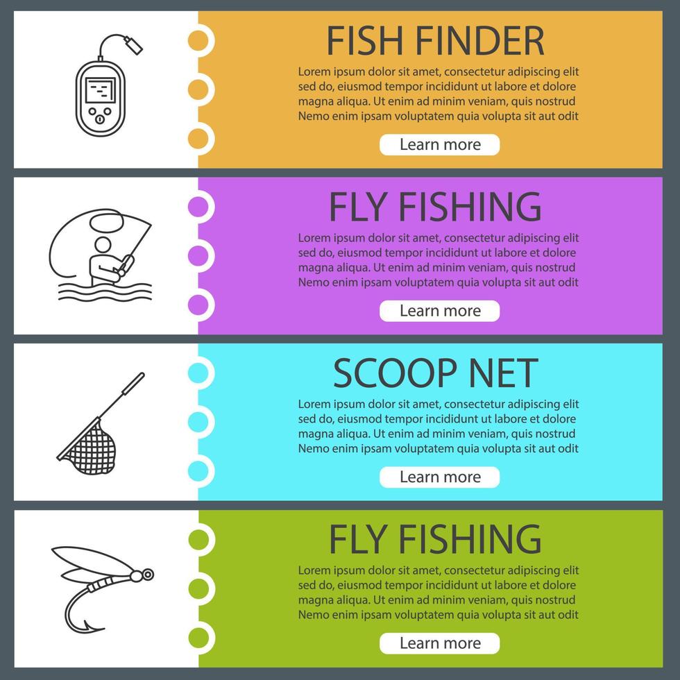 set di modelli di banner web di pesca. pesca a mosca, ecoscandaglio, guadino, esca per insetti. voci di menu del sito web. concetti di progettazione di intestazioni vettoriali