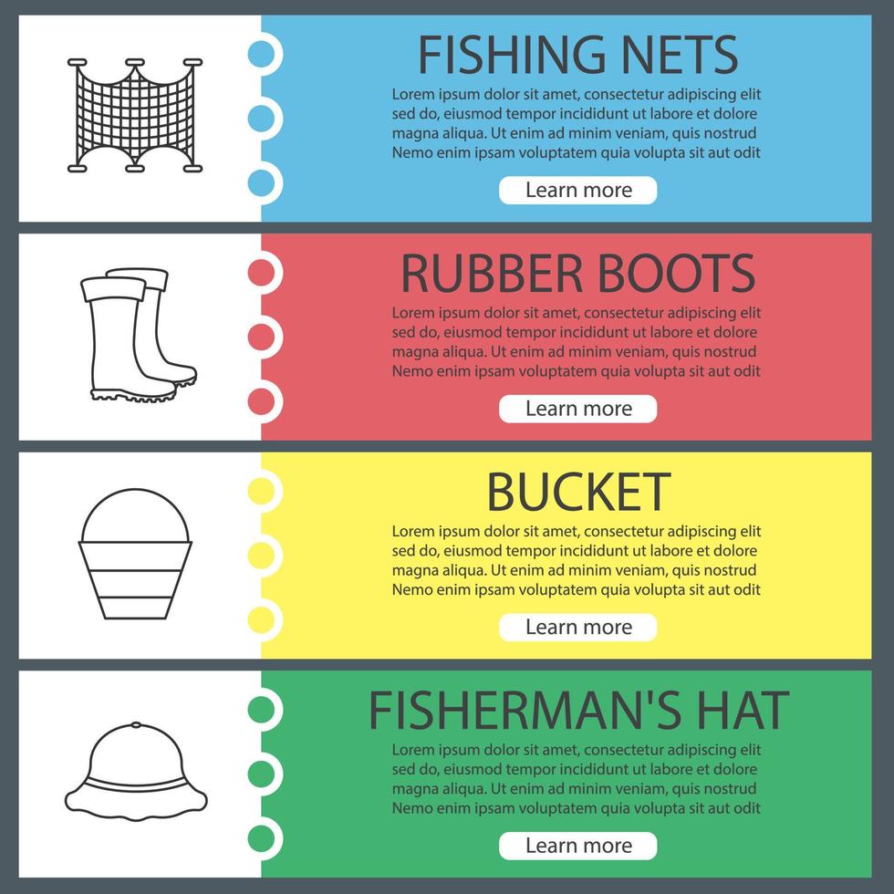 set di modelli di banner web di pesca. calze a rete, secchiello, stivali di gomma, cappello da pescatore. voci di menu del sito web. concetti di progettazione di intestazioni vettoriali