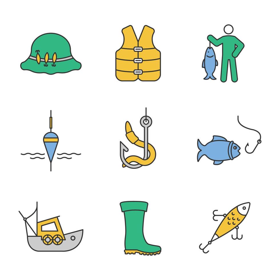 set di icone di colore di pesca. cappello da pescatore, giubbotto salvagente, fermo, galleggiante, esca viva, amo da pesca, barca, gommone, esca. illustrazioni vettoriali isolate