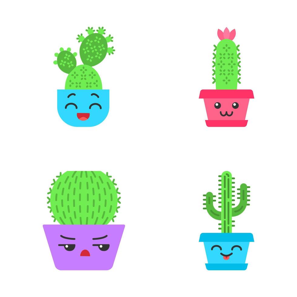 set di icone di colore ombra lunga design piatto cactus. piante con facce sorridenti. saguaro ridente e fico d'India. felice riccio casa cactus in vaso. piante succulente. illustrazioni di silhouette vettoriali