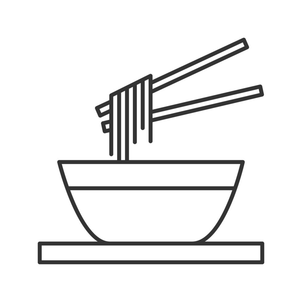 tagliatelle cinesi con l'icona lineare delle bacchette. illustrazione al tratto sottile. ramen. spaghetti in una ciotola. simbolo di contorno. disegno di contorno isolato vettoriale