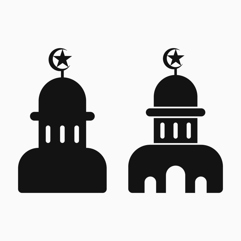 cupola della moschea con la luna e l'illustrazione della stella. bianco e nero. silhouette o stile pieno. adatto per icone, loghi, simboli e segni vettore