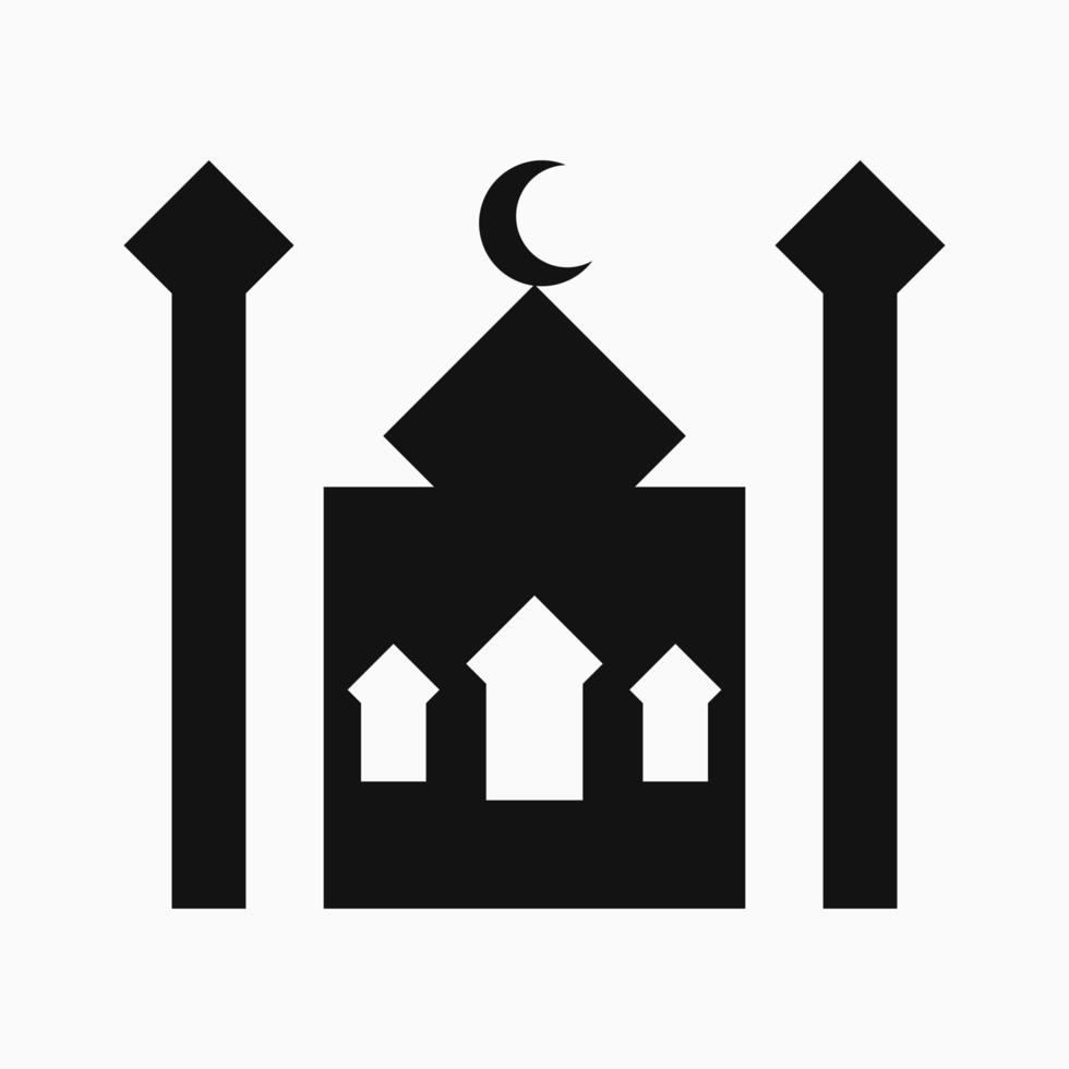 cupola della moschea con la luna e l'illustrazione di due torri. bianco e nero. silhouette o stile pieno. adatto per icone, loghi, simboli e segni vettore