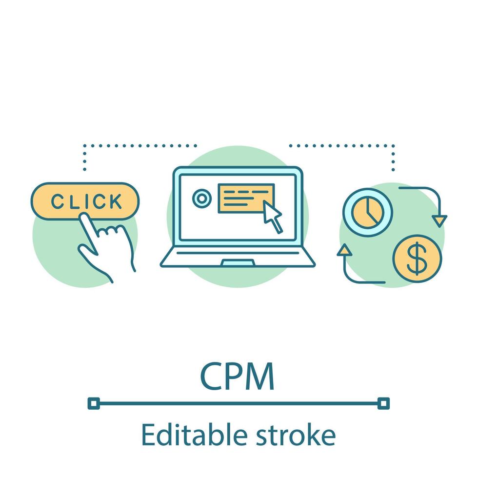 icona del concetto di cpm. pay per mille visualizzazioni, impressioni. mmm. social media marketing. campagna pubblicitaria. idea illustrazione linea sottile. disegno vettoriale isolato profilo. tratto modificabile