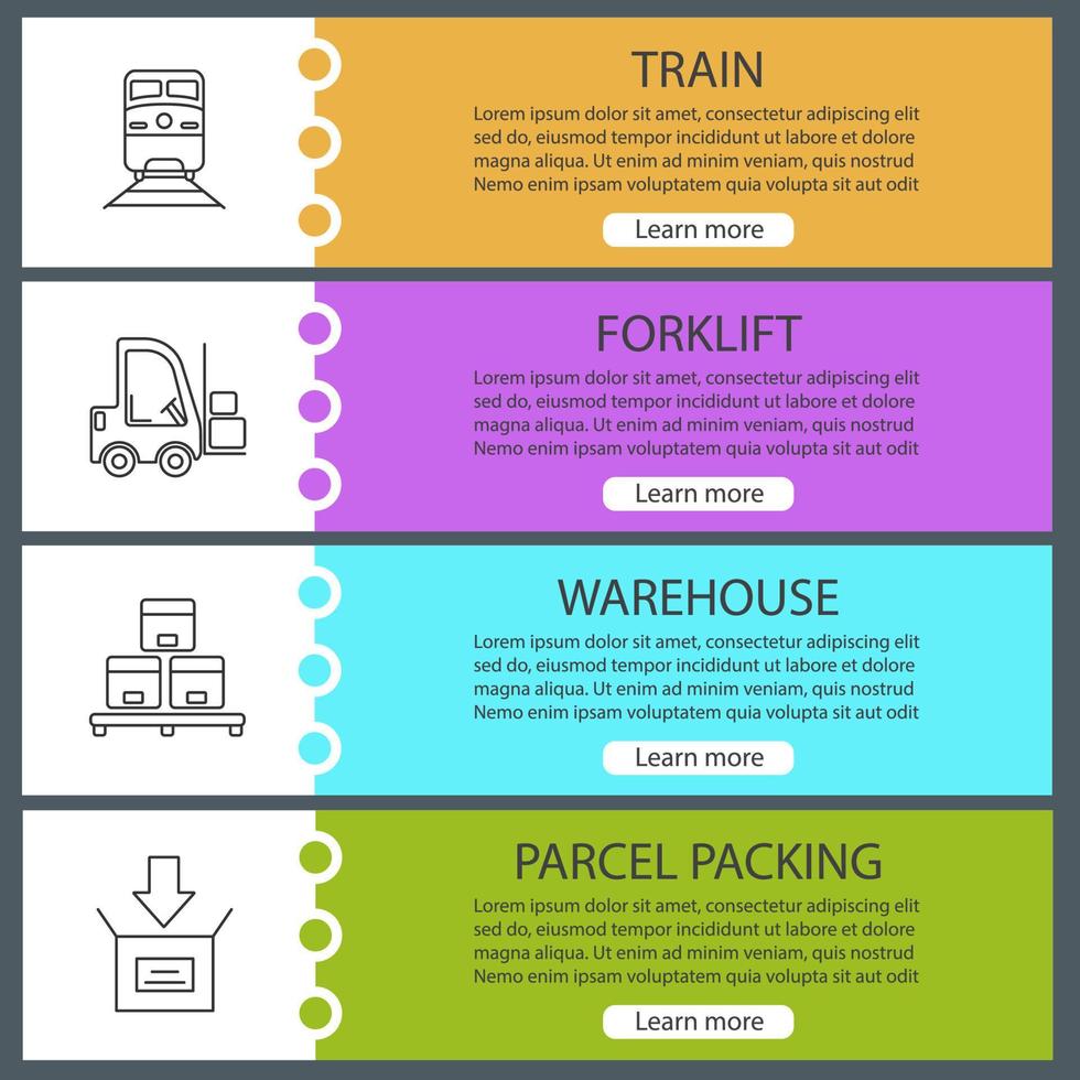 set di modelli di banner web di spedizione merci. servizio di consegna. treno, carrello elevatore, magazzino, imballaggio pacchi. voci di menu a colori del sito Web con icone lineari. concetti di progettazione di intestazioni vettoriali