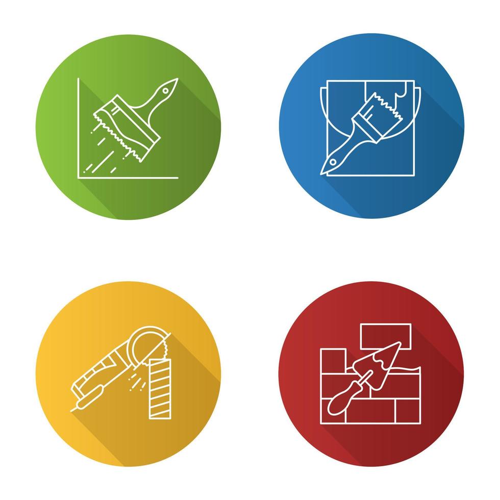 strumenti di costruzione icone piatte lineari lunga ombra impostate. pennello per colla, secchiello e pennello per vernice, smerigliatrice angolare, muro di mattoni con pala triangolare. illustrazione del contorno vettoriale