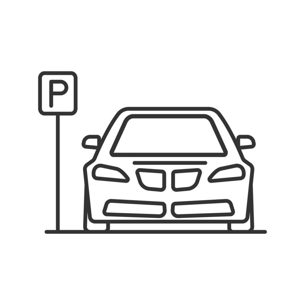 icona lineare della zona di parcheggio. illustrazione al tratto sottile. auto con segnale stradale p. simbolo di contorno. disegno di contorno isolato vettoriale