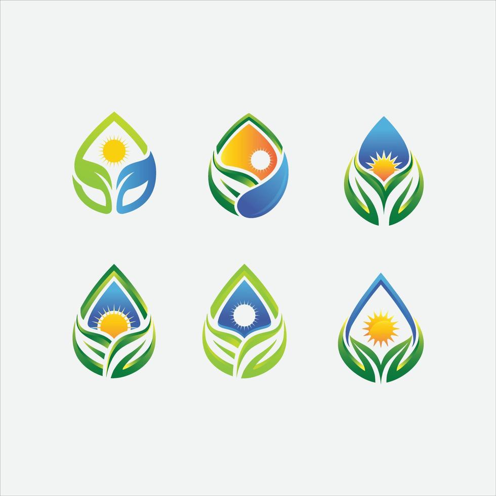 insieme del logo della foglia del sole della goccia d'acqua. logo di ecologia della natura, simbolo della pianta, energia solare, icona di goccia d'acqua. logo foglia goccia d'acqua vettore