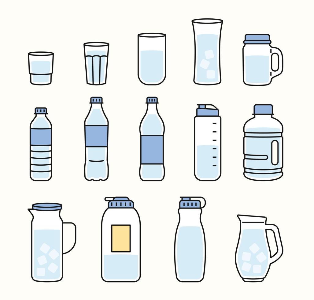 varie bottiglie d'acqua e tazze per contenere l'acqua. illustrazione vettoriale in stile design piatto.