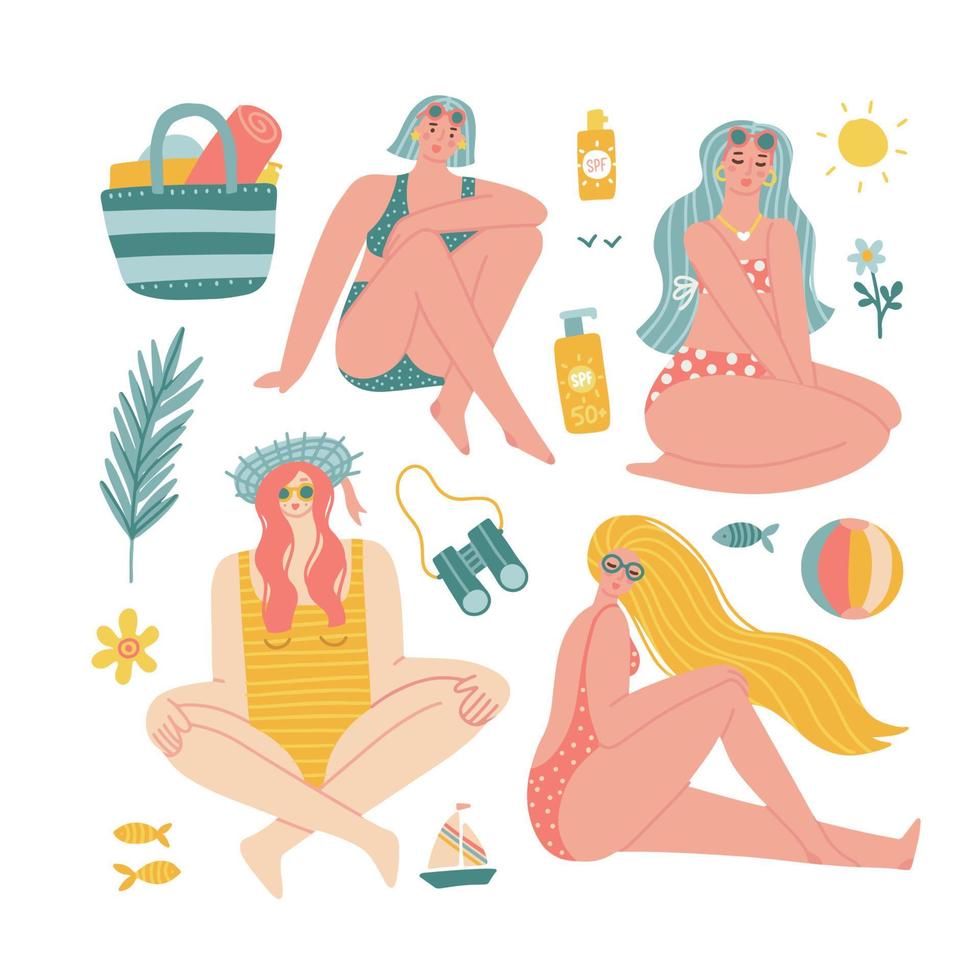 collezione estiva con ragazze in costume da bagno sulla spiaggia. illustrazione disegnata a mano piatta vettoriale di donne a riposo e oggetti per le vacanze con vacanze estive al mare. collezione di scene del creatore.