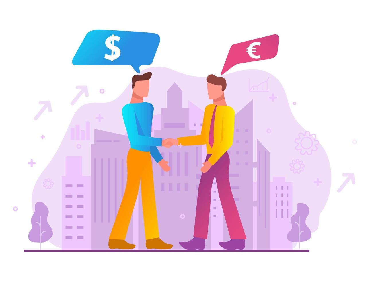 affare di successo. trattative commerciali b2b.fumetto con segni di dollaro ed euro.illustrazione piatta vettoriale.sagoma business-to-business.city. vettore