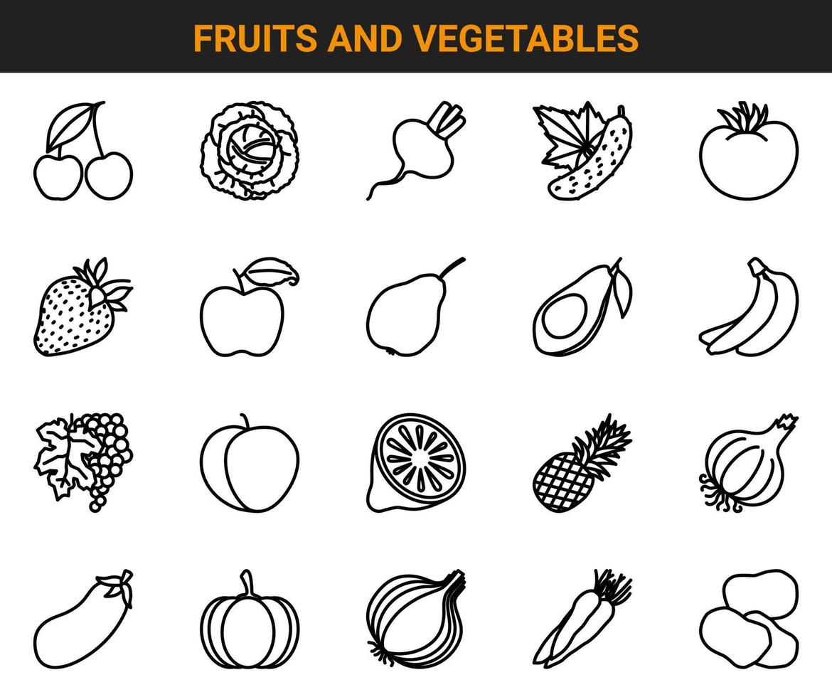 set di 20 icone di contorno vettoriale sul tema di frutta e verdura, come ciliegia, cavolo, barbabietola, cetriolo, pomodoro, ananas, ecc.