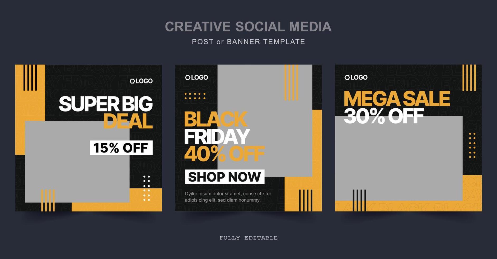 post sui social media di vendita del black friday. grande offerta speciale di vendita. banner web di promozione moderna venerdì nero per app mobili di social media. illustrazione vettoriale. vettore