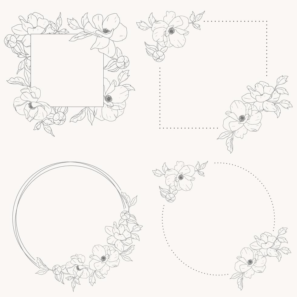 doodle line art peonia bouquet di fiori ghirlanda cornice elementi collezione vettore