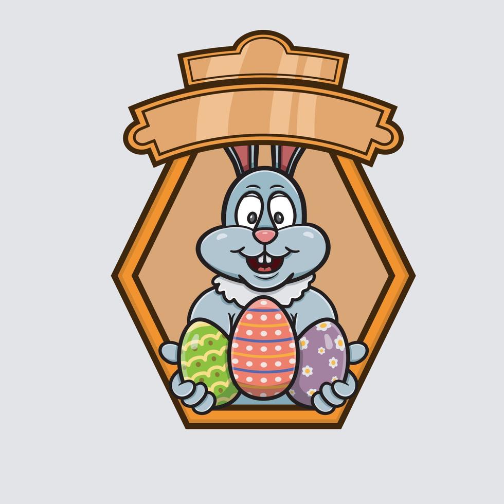 mascotte coniglio cartone animato con tre uova logo. tema di buona pasqua. vettore