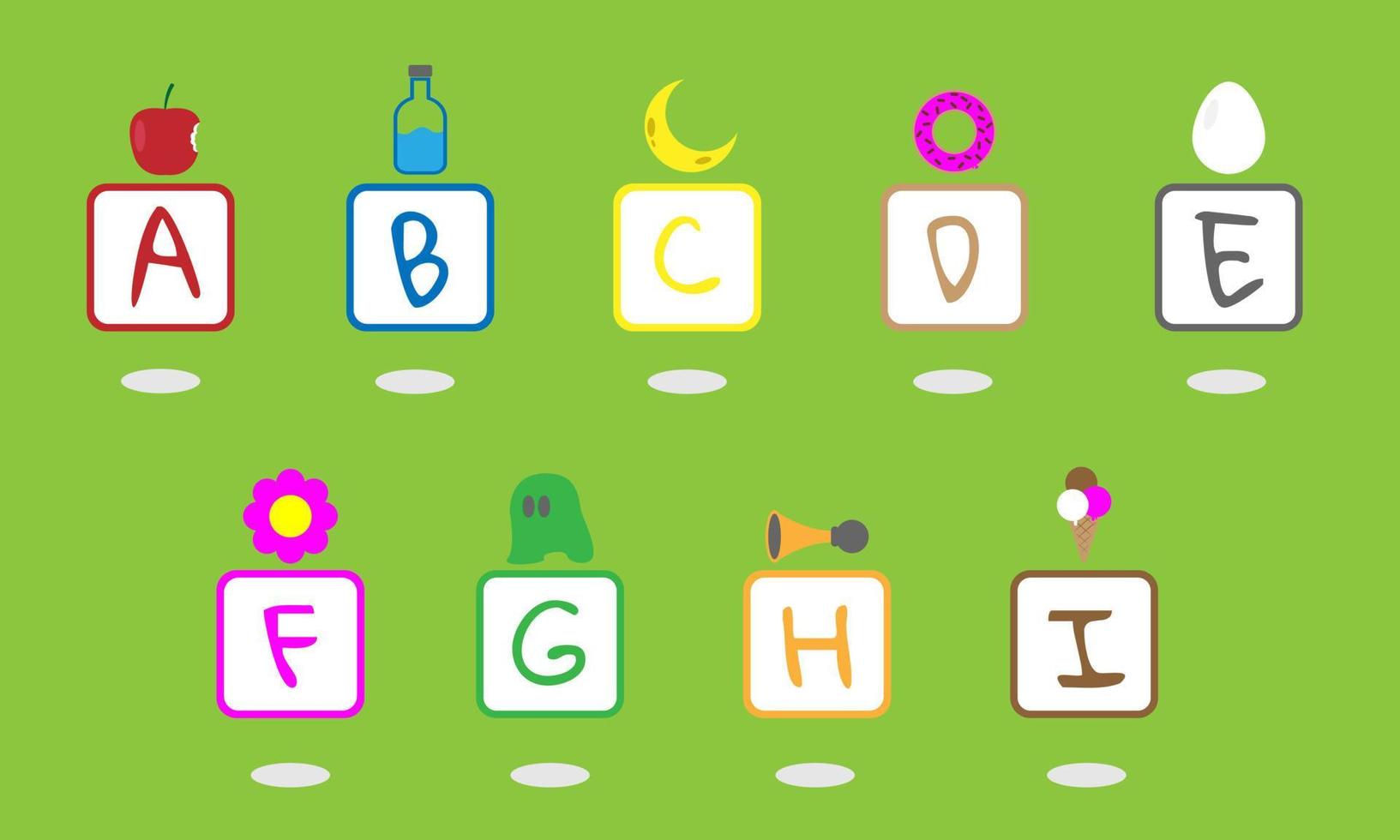 lettere maiuscole da a a i in un quadrato con un esempio di un oggetto sopra il quadrato. adatto per prodotti per bambini vettore