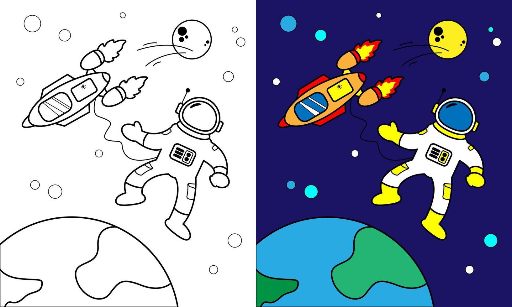 foglio da colorare di avventura spaziale astronauta. adatto per prodotti per bambini vettore
