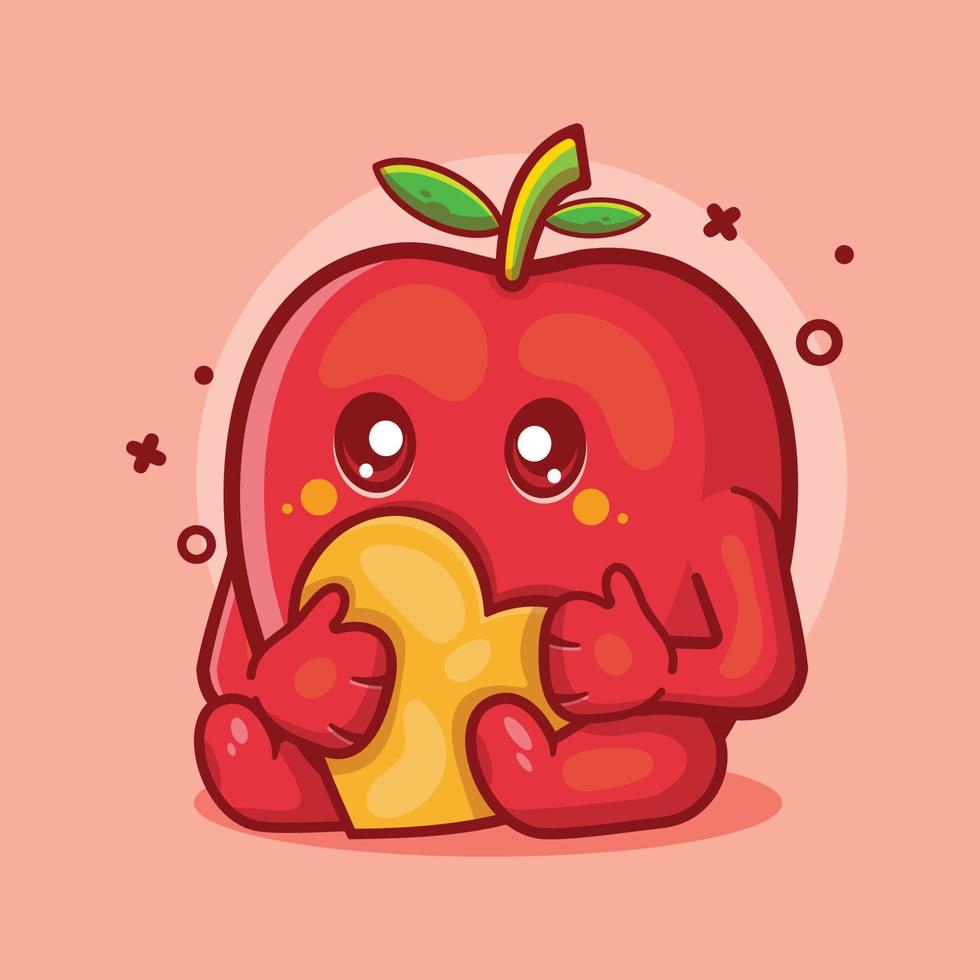 carino seduto mela frutta personaggio mascotte tenendo amore cuore segno isolato cartone animato in stile piatto design. grande risorsa per icona, simbolo, logo, adesivo, banner. vettore
