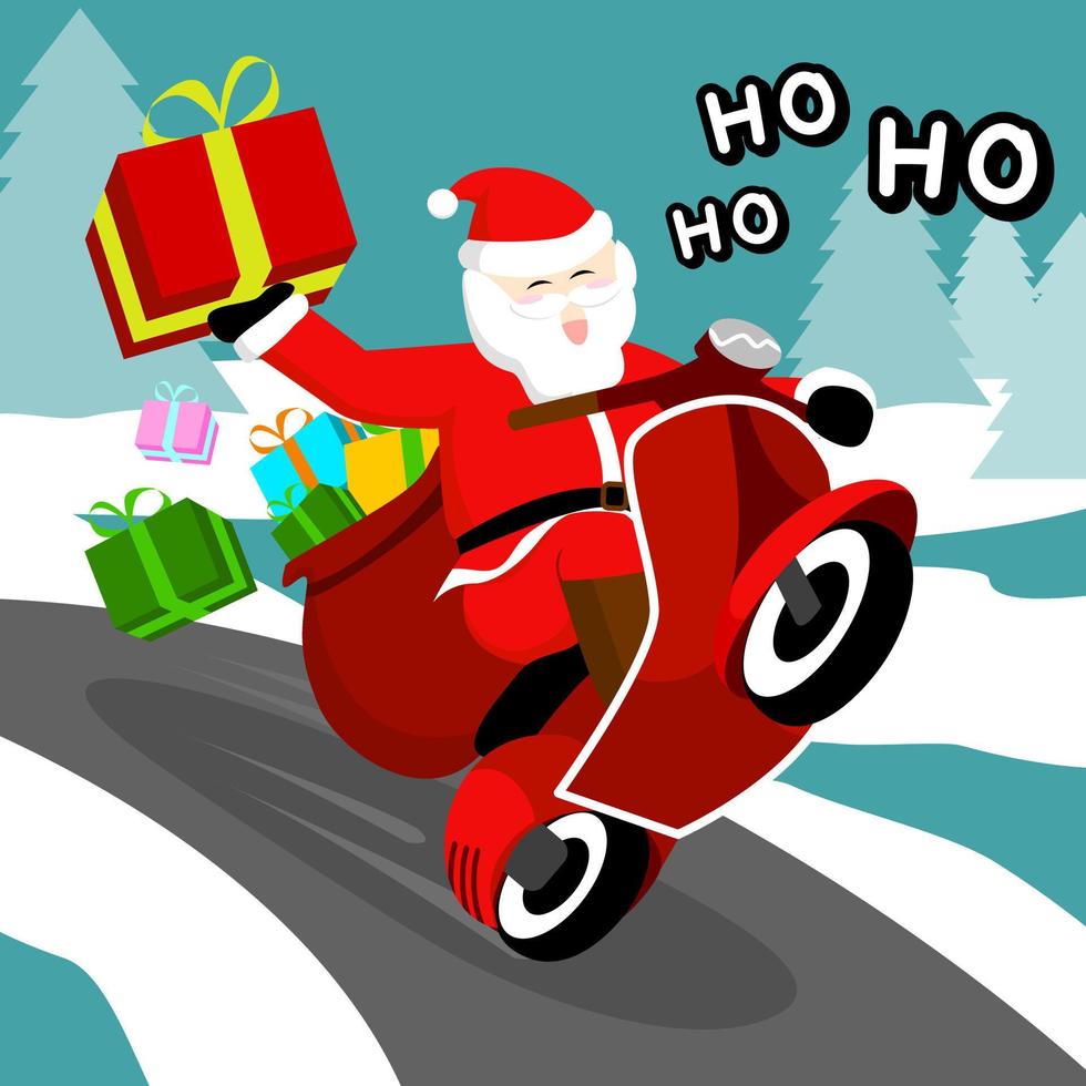 Babbo Natale guida una moto per consegnare regali ai bambini e a tutti. vettore