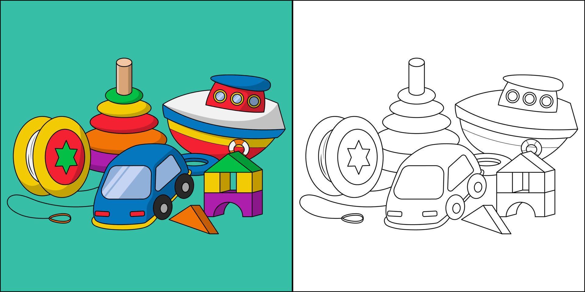 collezione di giocattoli adatti per l'illustrazione vettoriale della pagina da colorare dei bambini